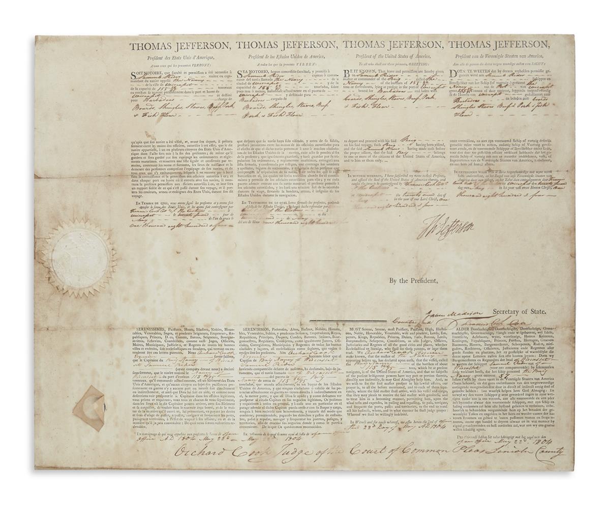 JEFFERSON, THOMAS. Partly-printed Document Signed, Th: Jefferson, as President, 4-language ships papers for the brig The Nancy.